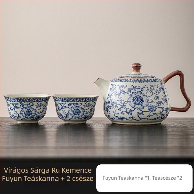 Ru Kiln kék-fehér lótusz teáskanna, kerámia gömbszűrővel, Kung Fu teáskészlet otthoni használatra, teáscsésze egy személyre