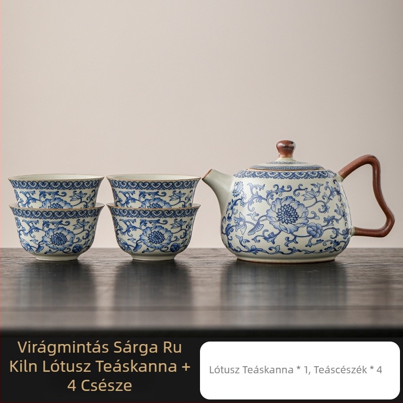 Ru Kiln kék-fehér lótusz teáskanna, kerámia gömbszűrővel, Kung Fu teáskészlet otthoni használatra, teáscsésze egy személyre