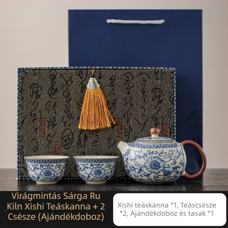 Ru Kiln kék-fehér lótusz teáskanna, kerámia gömbszűrővel, Kung Fu teáskészlet otthoni használatra, teáscsésze egy személyre