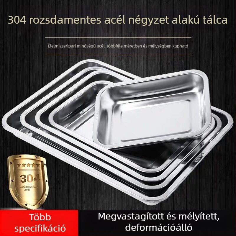 304 rozsdamentes acélból készült mélyített, vastag négyszögletű és téglalap alakú tálaló tál étkezésekhez, grillsütéshez, párolt rizshez és zöldségekhez, teás tál