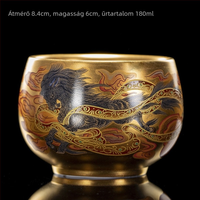 Huang Jianpeng – kézzel készített aranyozott teáscsésze Dragonfish Master motívummal, magas minőségű porcelánból készült Kung Fu teáskészlet