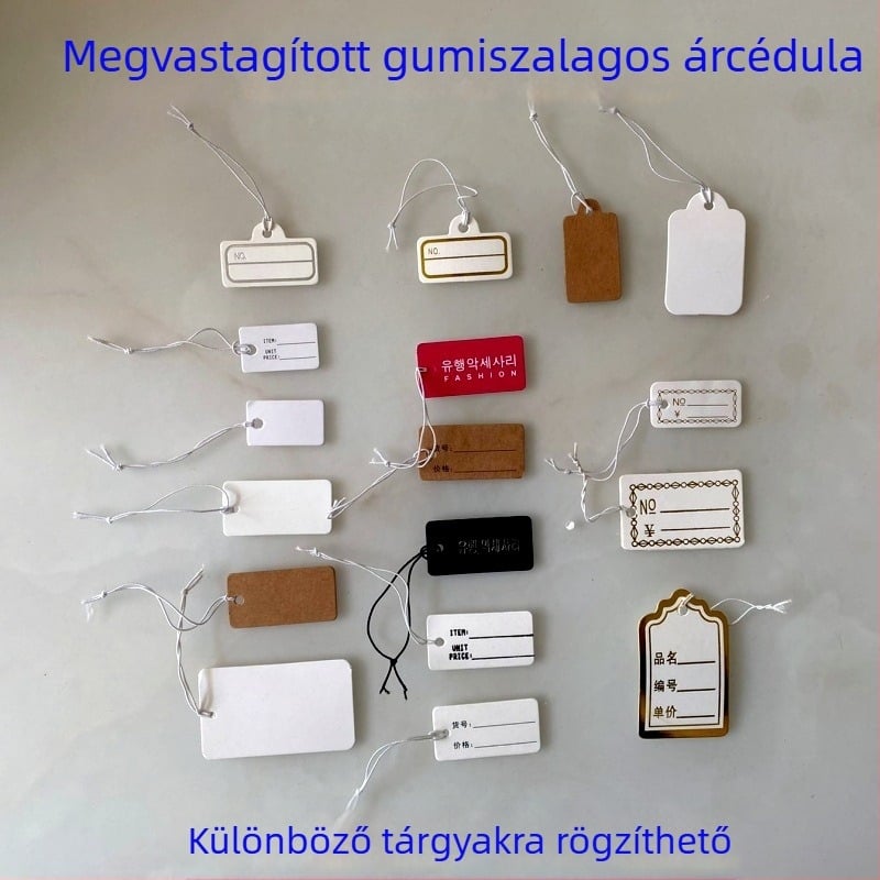 Rugalmas zsinórból készült ékszerekhez üres árjelölő címke, kis akasztó a fekete hajkiegészítőkhöz, kézzel írt ár jelölés koreai nyelven.