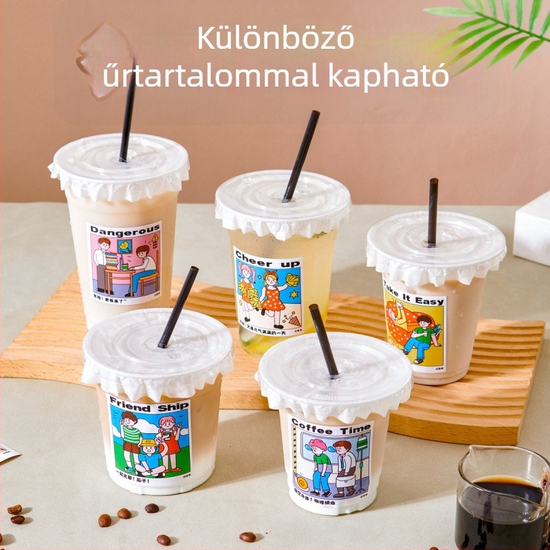 Áttetsző, egyszer használatos pohár fedővel tejes tea és hideg italokhoz, PET műanyag