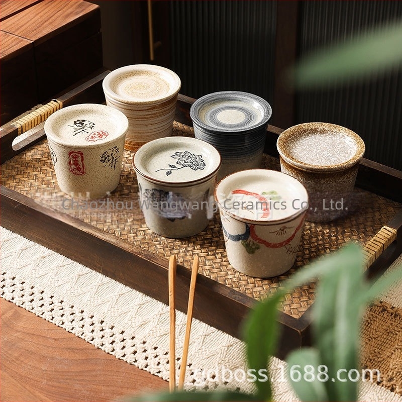 Kézzel festett japán stílusú choko teáscsésze tányérral és fedővel, kék-fehér kerámia Gong Fu tea kóstoláshoz