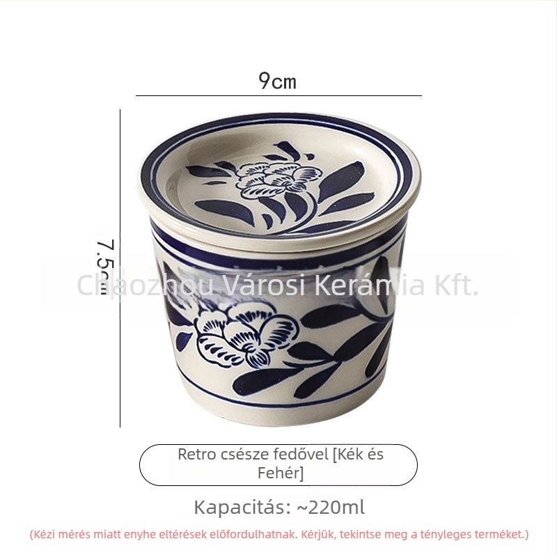 Kézzel festett japán stílusú choko teáscsésze tányérral és fedővel, kék-fehér kerámia Gong Fu tea kóstoláshoz