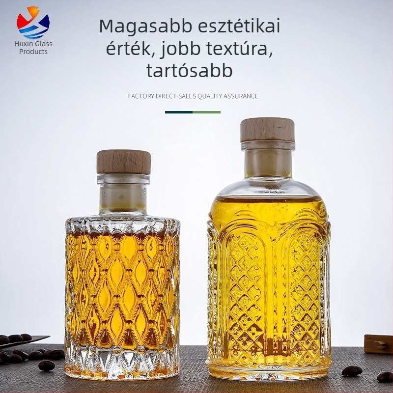 Gyémántmintás üveg, zárható házi gyümölcsbornak, kis üres üveg adagoláshoz és hideg kivonáshoz aromaterápiához