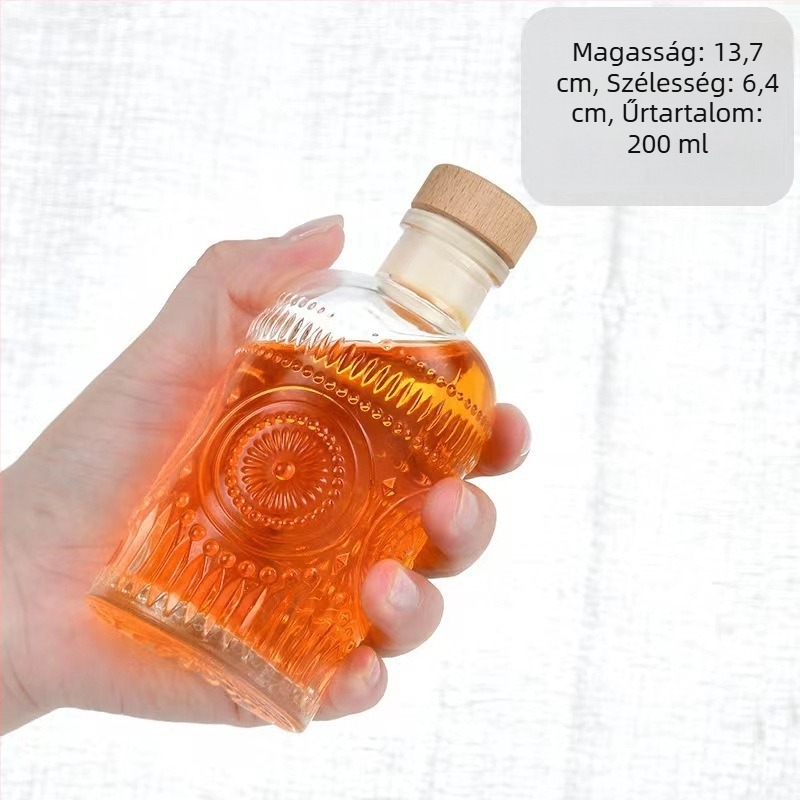 Gyémántmintás üveg, zárható házi gyümölcsbornak, kis üres üveg adagoláshoz és hideg kivonáshoz aromaterápiához