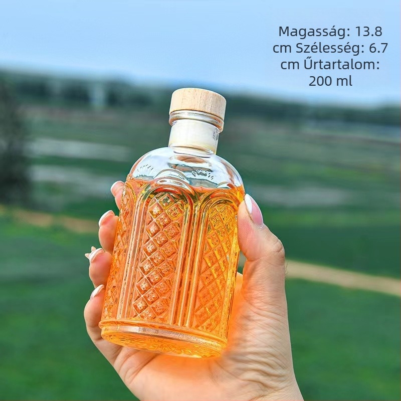 Gyémántmintás üveg, zárható házi gyümölcsbornak, kis üres üveg adagoláshoz és hideg kivonáshoz aromaterápiához