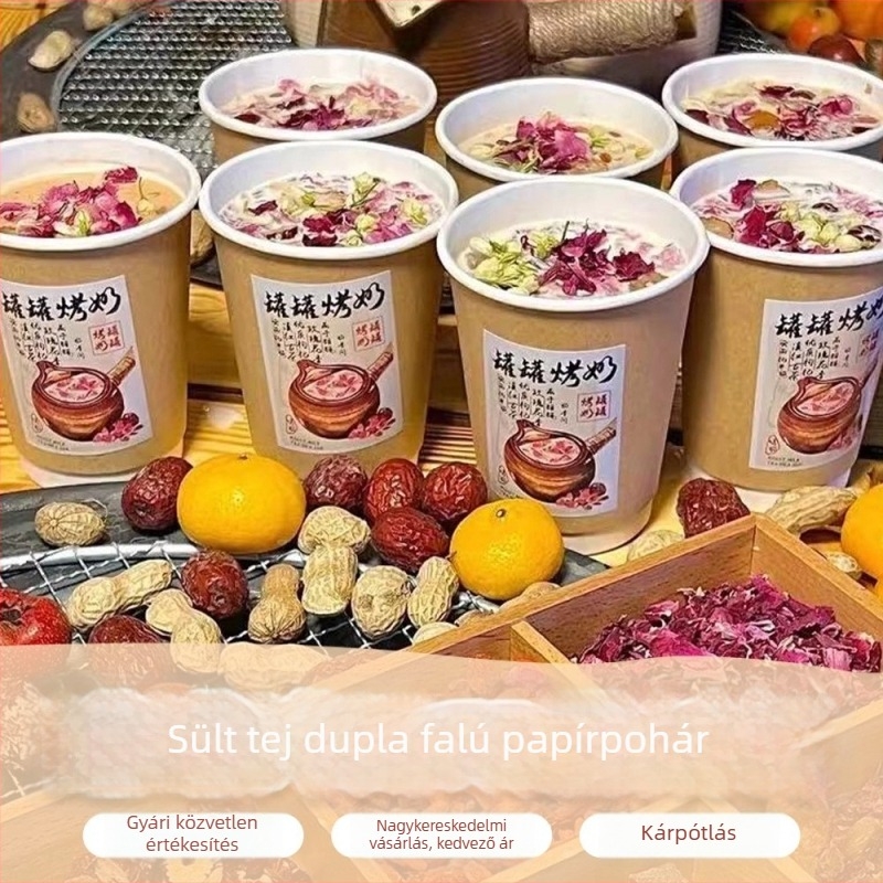 Kétszintes vastagfalú kávés pohár tej-teához, szigetelt és hőálló, Kraft papírból