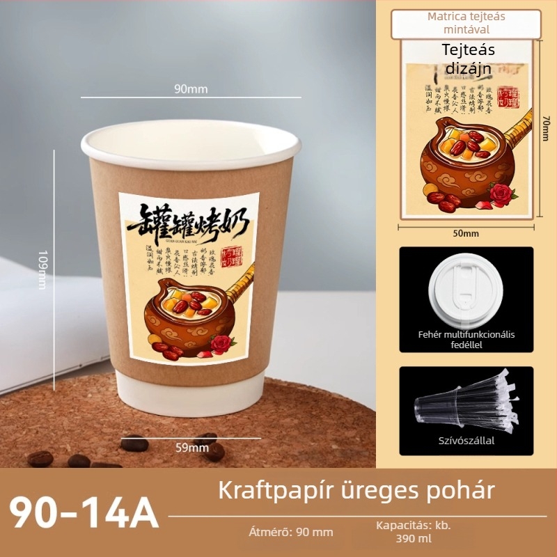 Kétszintes vastagfalú kávés pohár tej-teához, szigetelt és hőálló, Kraft papírból