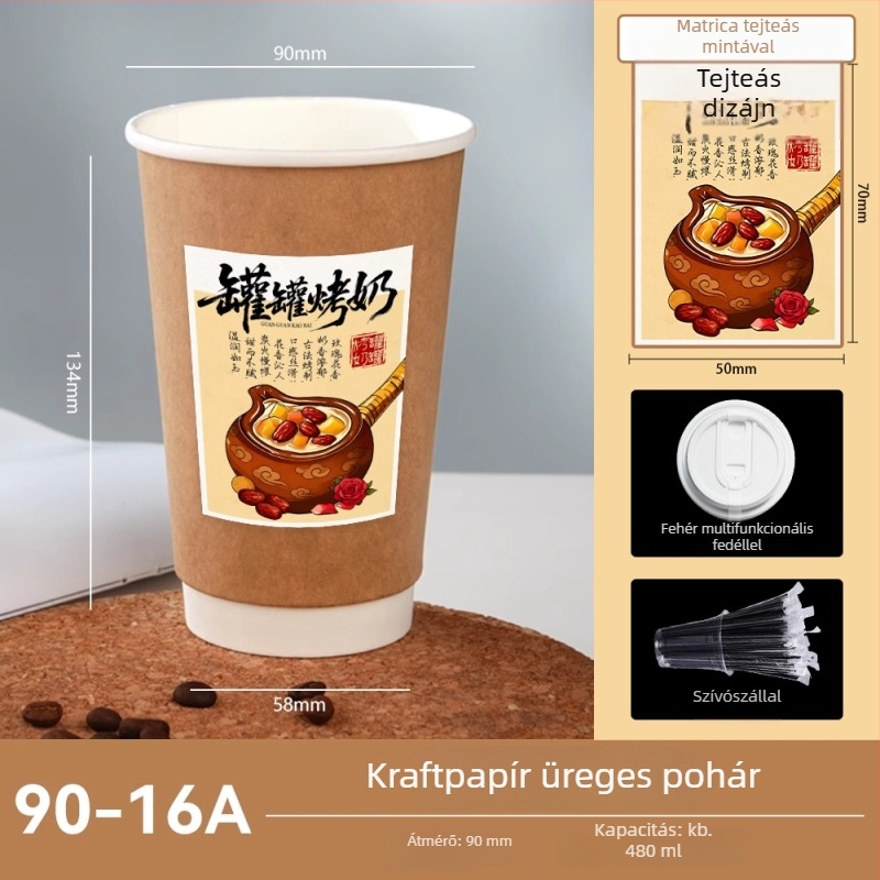 Kétszintes vastagfalú kávés pohár tej-teához, szigetelt és hőálló, Kraft papírból