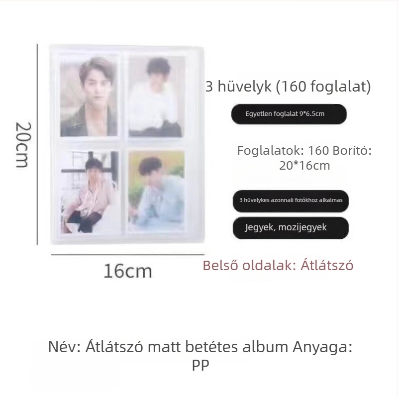 Átlátszó fényképalbum beillesztett oldalakkal idol fotókhoz, rácsos elrendezésben, A5 méret