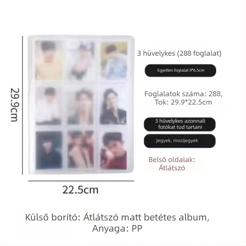 Átlátszó fényképalbum beillesztett oldalakkal idol fotókhoz, rácsos elrendezésben, A5 méret