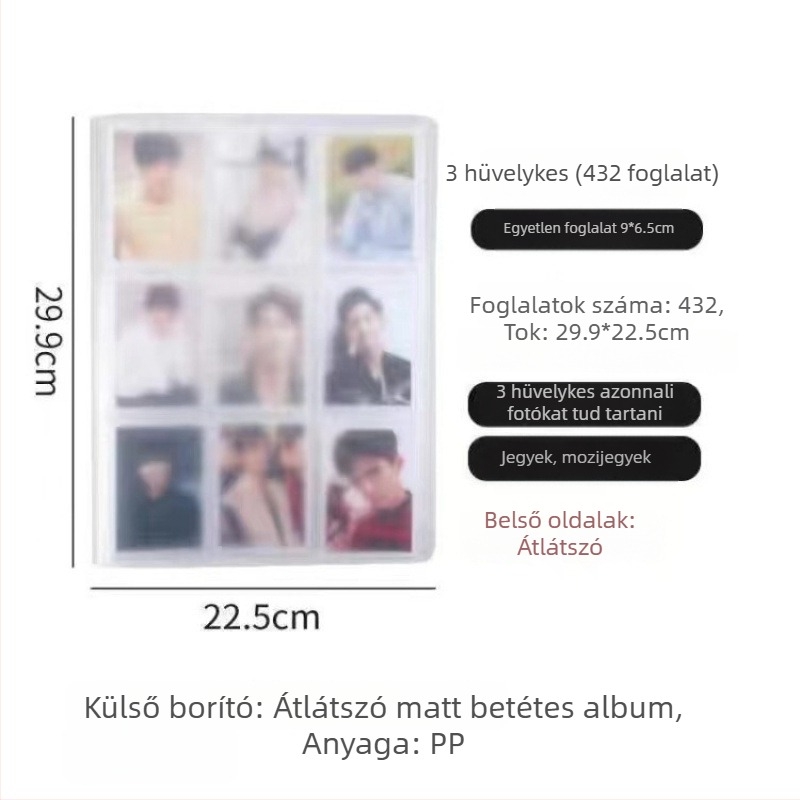 Átlátszó fényképalbum beillesztett oldalakkal idol fotókhoz, rácsos elrendezésben, A5 méret