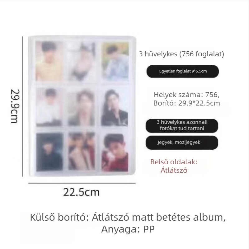 Átlátszó fényképalbum beillesztett oldalakkal idol fotókhoz, rácsos elrendezésben, A5 méret