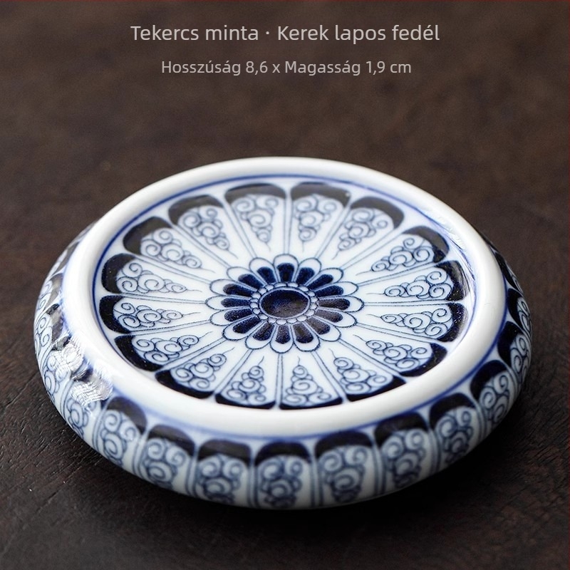 Kerámia kék-fehér fedő tartó teáskannához, vintage kézzel készített díszítő kiegészítő a tea ceremóniához otthon
