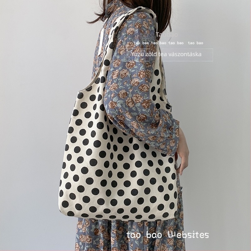2026-os új modell polka pöttyös vászontáska egyetemistáknak, tote táska nordic minimalist stílusban, japán-koreai hatásokkal
