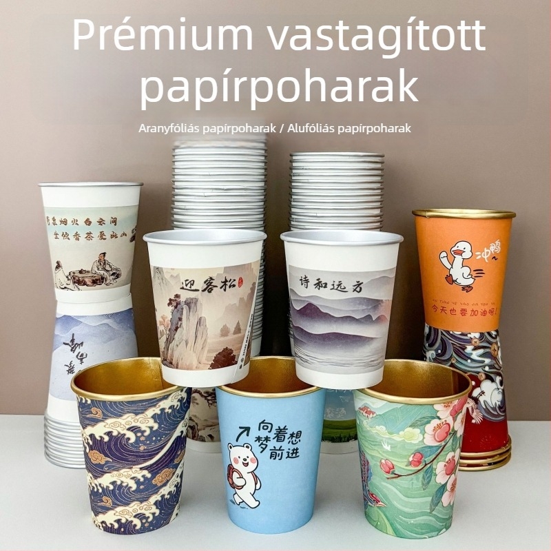 Prémium egyszer használatos papír pohár alumíniumfóliával, élelmiszerbiztos aranyfóliás felülettel