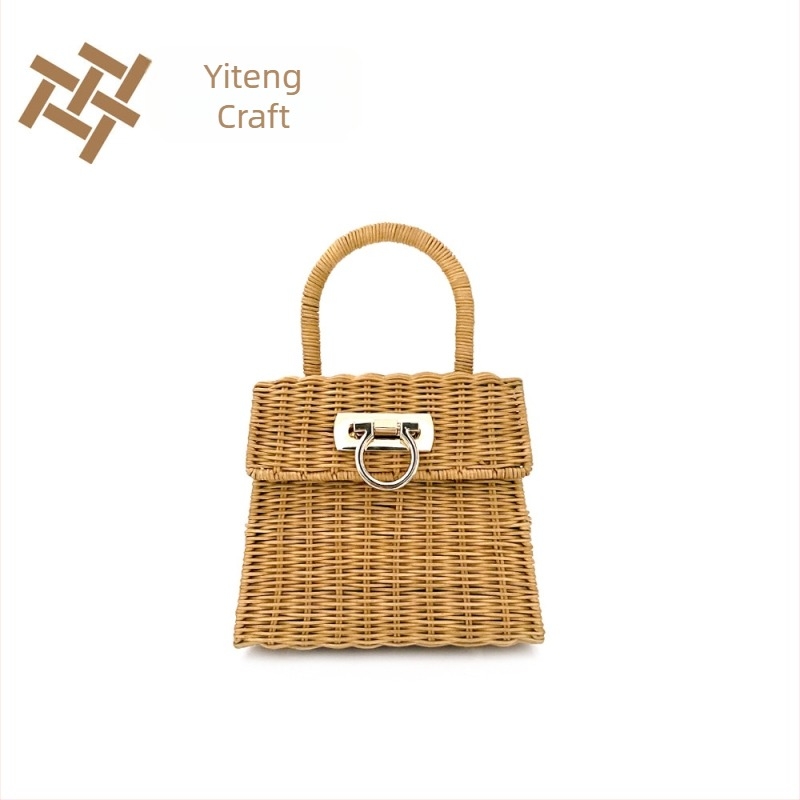 Női kézzel készített szalma táska, vintage rattan, négyszögletes patkó alakú