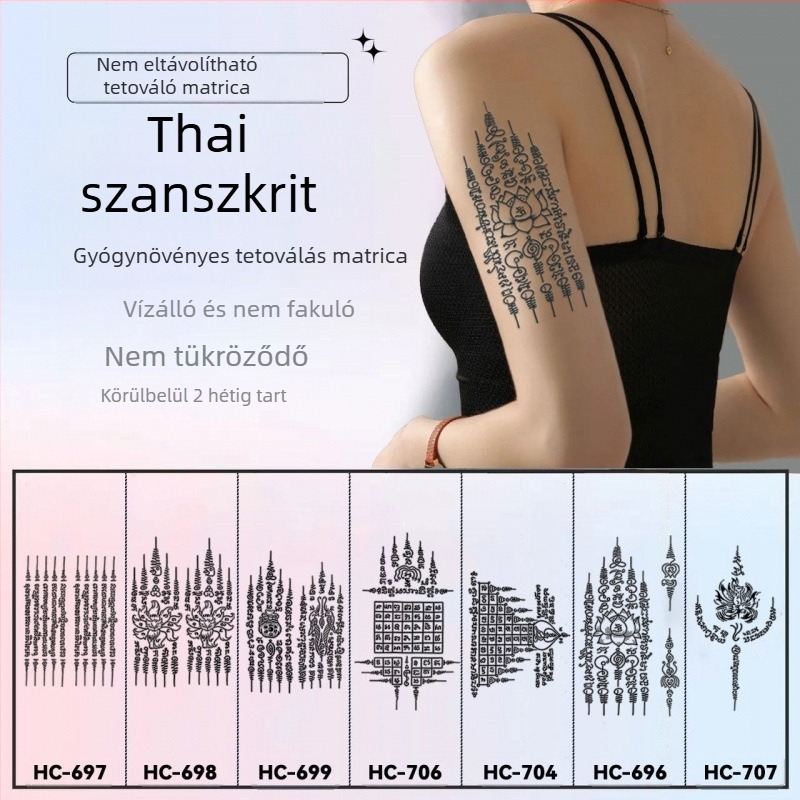 Kar tetoválás matrica – szanszkrit öt Sutra thai áldással – félpermanens, vízálló, tükröződésmentes, hosszú élettartamú, virágos dizájn.