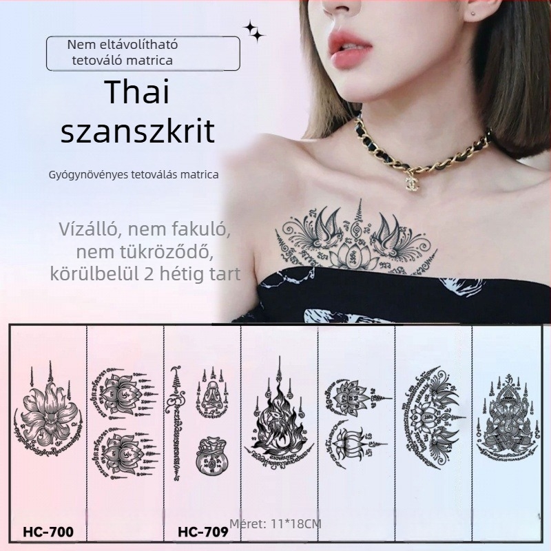 Kar tetoválás matrica – szanszkrit öt Sutra thai áldással – félpermanens, vízálló, tükröződésmentes, hosszú élettartamú, virágos dizájn.