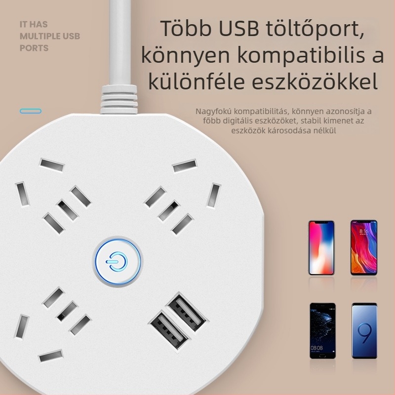 USB-s többdugós elosztó hosszú kábellel, otthonra vagy kollégiumba, kompakt és hordozható, biztonságos