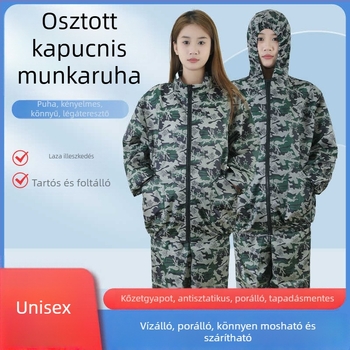 Antisztatikus kapucnis, osztott porvédelemmel, rock-wool szövetből készült pormentes munkaruha élelmiszeripar és szórófestéshez