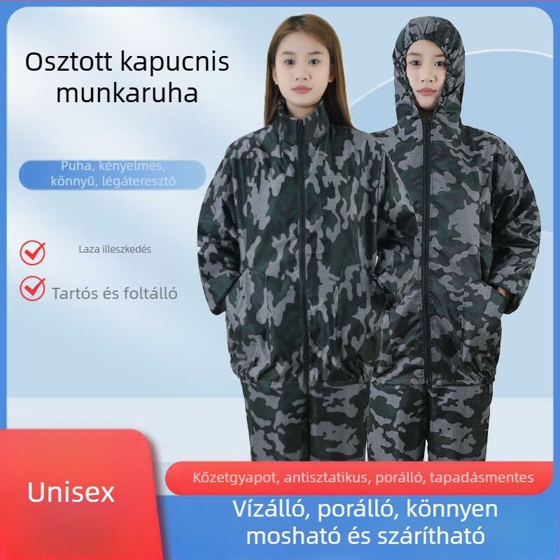 Antisztatikus kapucnis, osztott porvédelemmel, rock-wool szövetből készült pormentes munkaruha élelmiszeripar és szórófestéshez