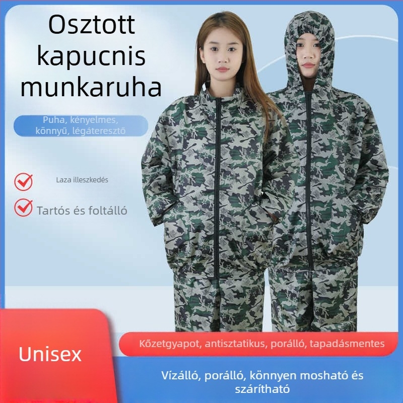 Antisztatikus kapucnis, osztott porvédelemmel, rock-wool szövetből készült pormentes munkaruha élelmiszeripar és szórófestéshez