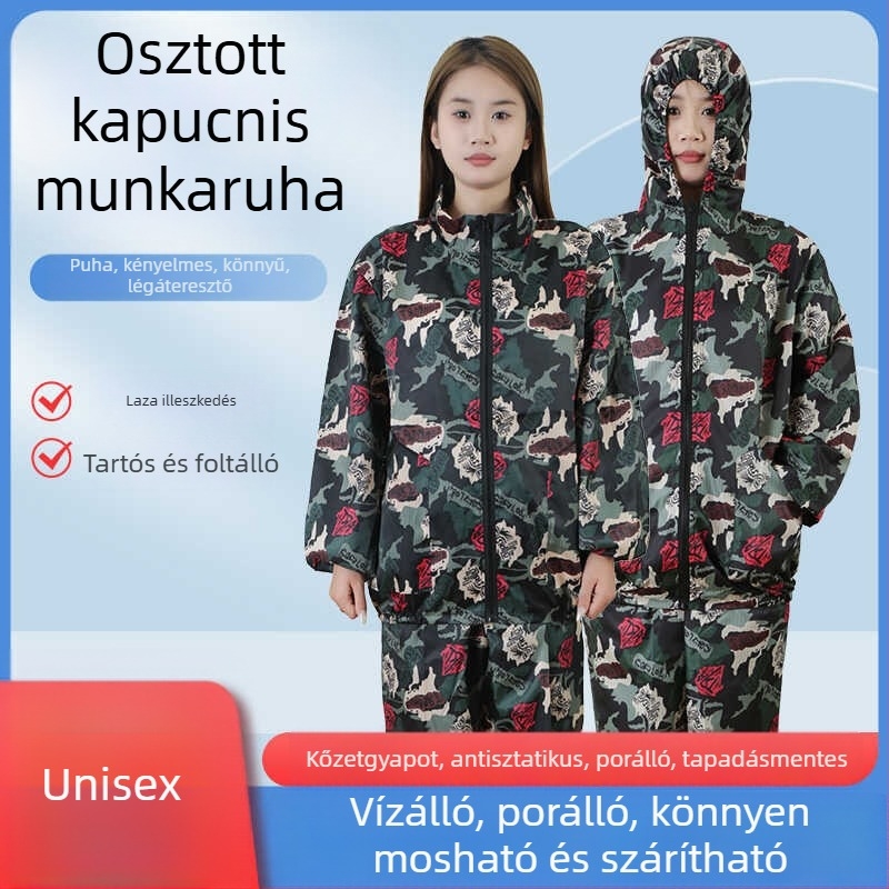 Antisztatikus kapucnis, osztott porvédelemmel, rock-wool szövetből készült pormentes munkaruha élelmiszeripar és szórófestéshez