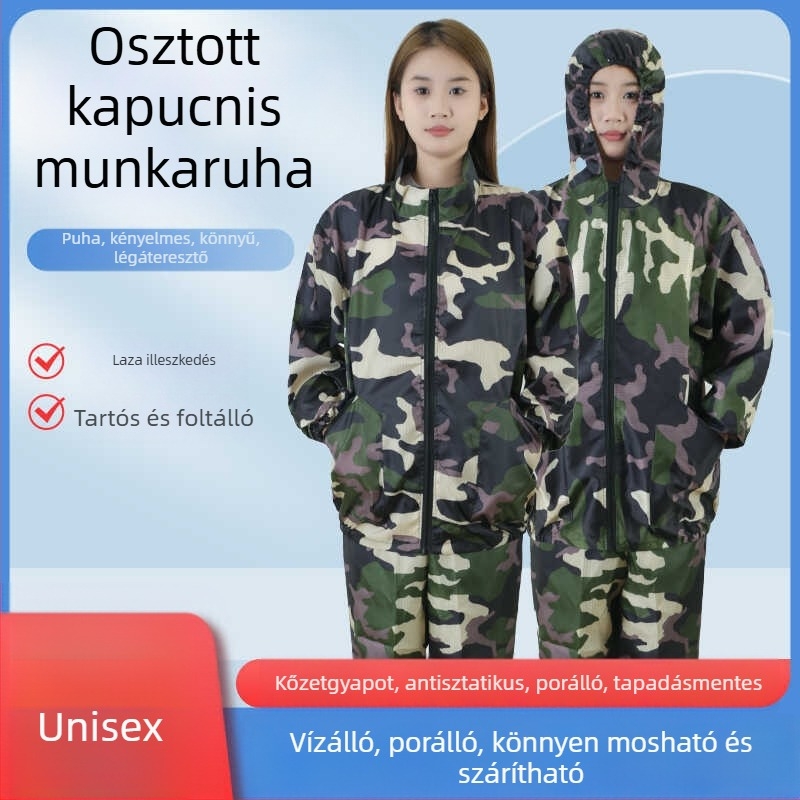 Antisztatikus kapucnis, osztott porvédelemmel, rock-wool szövetből készült pormentes munkaruha élelmiszeripar és szórófestéshez