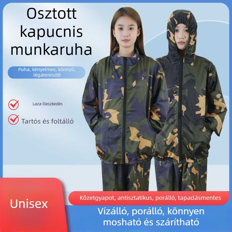 Antisztatikus kapucnis, osztott porvédelemmel, rock-wool szövetből készült pormentes munkaruha élelmiszeripar és szórófestéshez