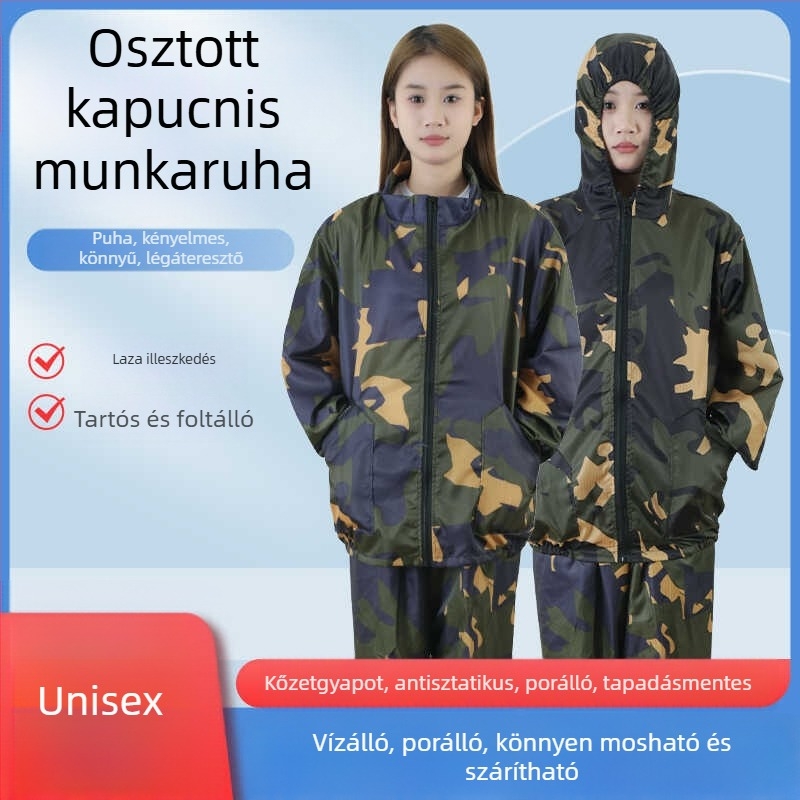 Antisztatikus kapucnis, osztott porvédelemmel, rock-wool szövetből készült pormentes munkaruha élelmiszeripar és szórófestéshez