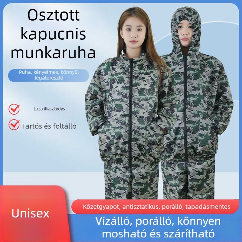 Antisztatikus kapucnis, osztott porvédelemmel, rock-wool szövetből készült pormentes munkaruha élelmiszeripar és szórófestéshez