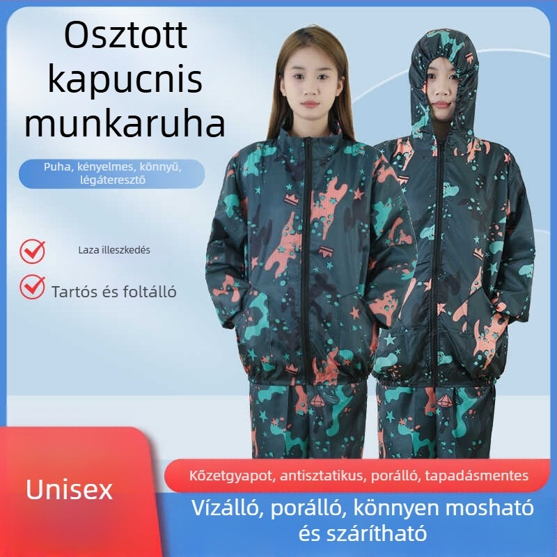 Antisztatikus kapucnis, osztott porvédelemmel, rock-wool szövetből készült pormentes munkaruha élelmiszeripar és szórófestéshez