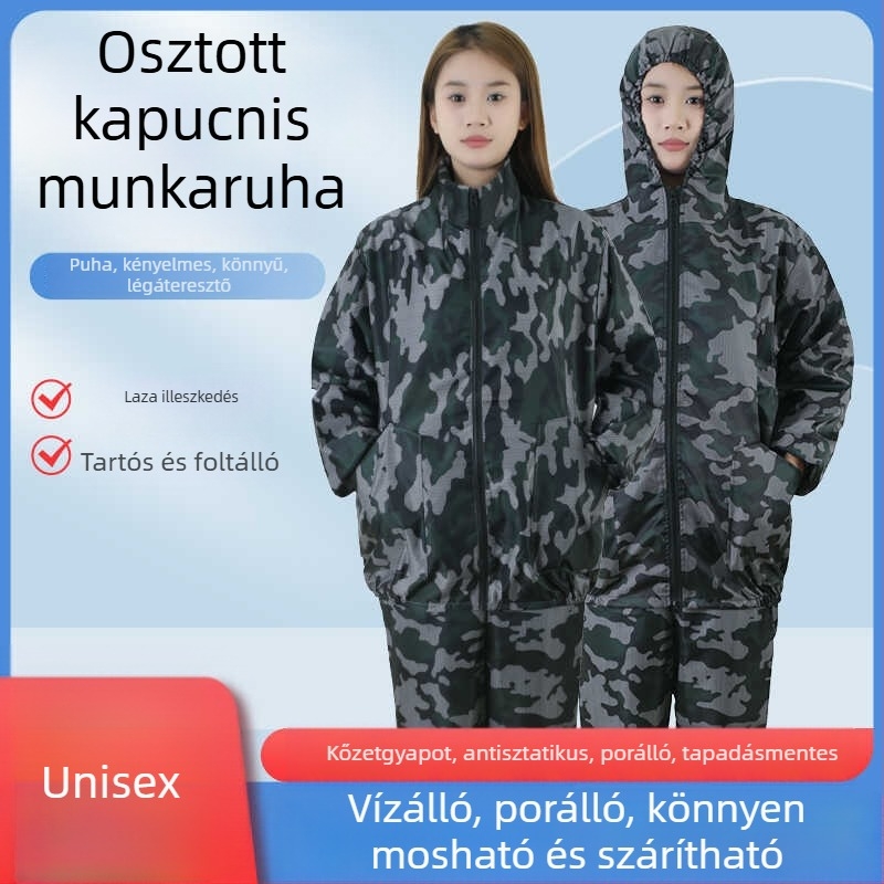 Antisztatikus kapucnis, osztott porvédelemmel, rock-wool szövetből készült pormentes munkaruha élelmiszeripar és szórófestéshez