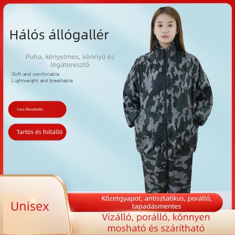 Antisztatikus kapucnis, osztott porvédelemmel, rock-wool szövetből készült pormentes munkaruha élelmiszeripar és szórófestéshez