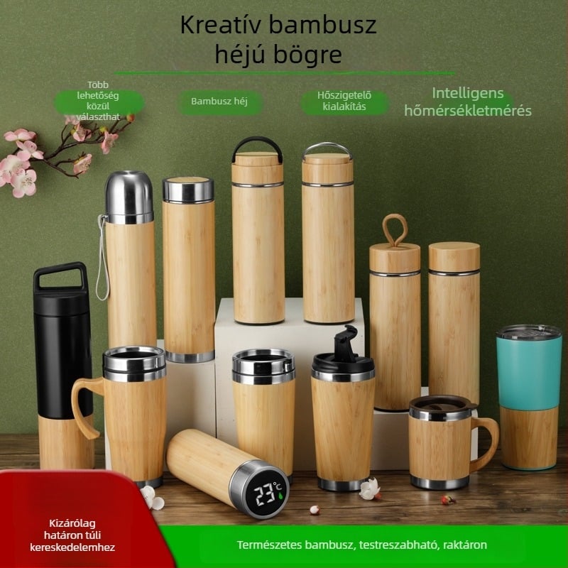 Kétszintes termosz 304 rozsdamentes acél belsővel, bambusz borítással, vákuum szigetelés, hordozható kültéri kávés pohár – ajándék