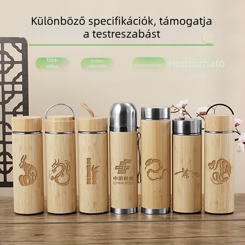 Kétszintes termosz 304 rozsdamentes acél belsővel, bambusz borítással, vákuum szigetelés, hordozható kültéri kávés pohár – ajándék