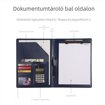 A4 bőrrel készült multifunkcionális irodai mappa dokumentumokhoz, csíptetővel és paneles rendezővel