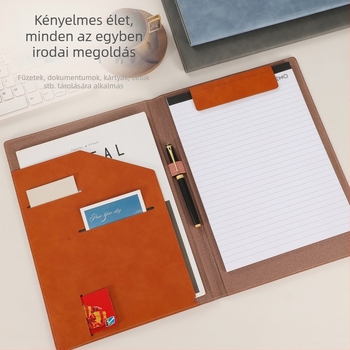 A4 bőrrel készült multifunkcionális irodai mappa dokumentumokhoz, csíptetővel és paneles rendezővel