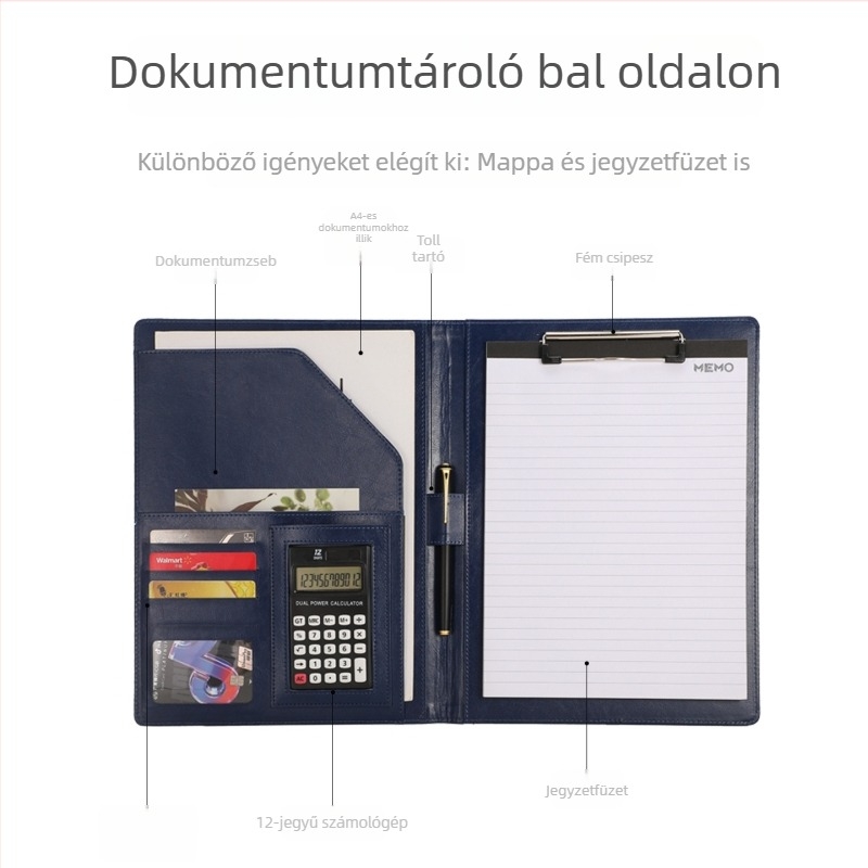 A4 bőrrel készült multifunkcionális irodai mappa dokumentumokhoz, csíptetővel és paneles rendezővel