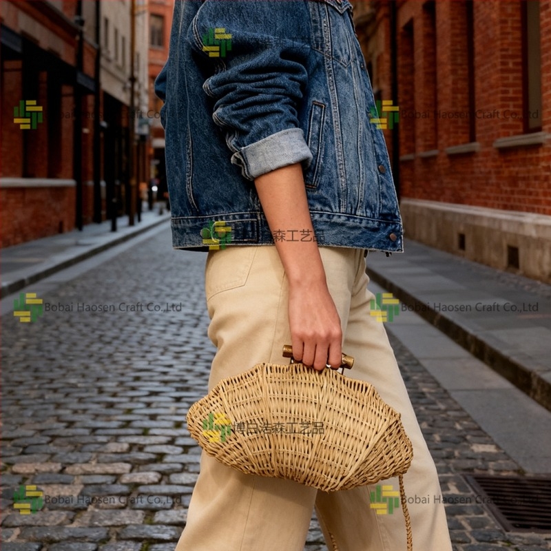 Női clutch retro stílusban, kagyló alakú, természetes rattanból készül