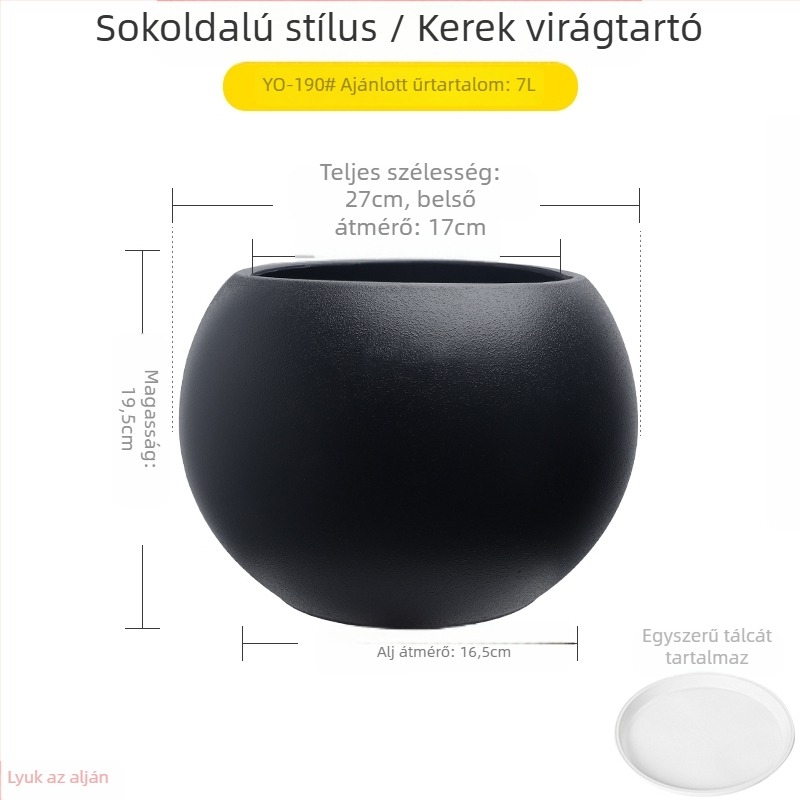 Nagy méretű gömb alakú műgyanta virágcserép nappaliba, minimalistikus luxus stílusú, fekete gyémánt effektus
