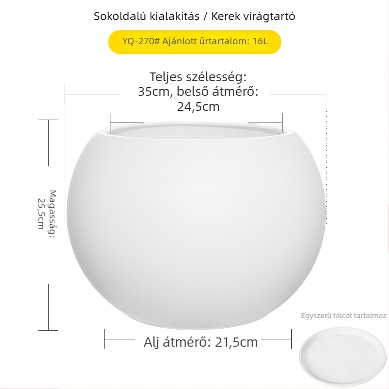 Nagy méretű gömb alakú műgyanta virágcserép nappaliba, minimalistikus luxus stílusú, fekete gyémánt effektus