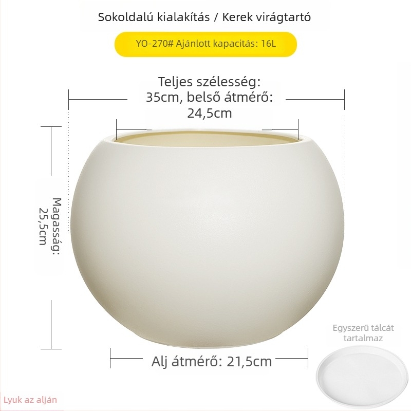 Nagy méretű gömb alakú műgyanta virágcserép nappaliba, minimalistikus luxus stílusú, fekete gyémánt effektus