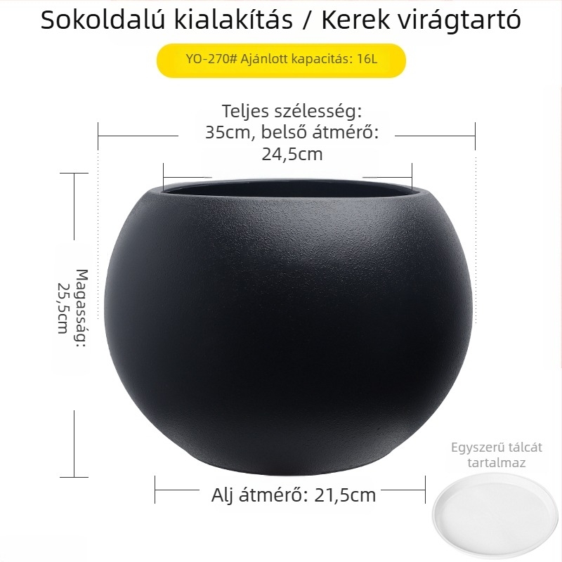 Nagy méretű gömb alakú műgyanta virágcserép nappaliba, minimalistikus luxus stílusú, fekete gyémánt effektus