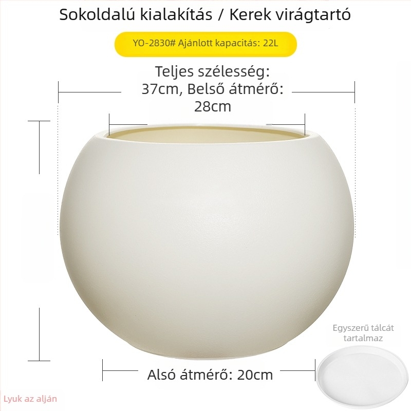 Nagy méretű gömb alakú műgyanta virágcserép nappaliba, minimalistikus luxus stílusú, fekete gyémánt effektus