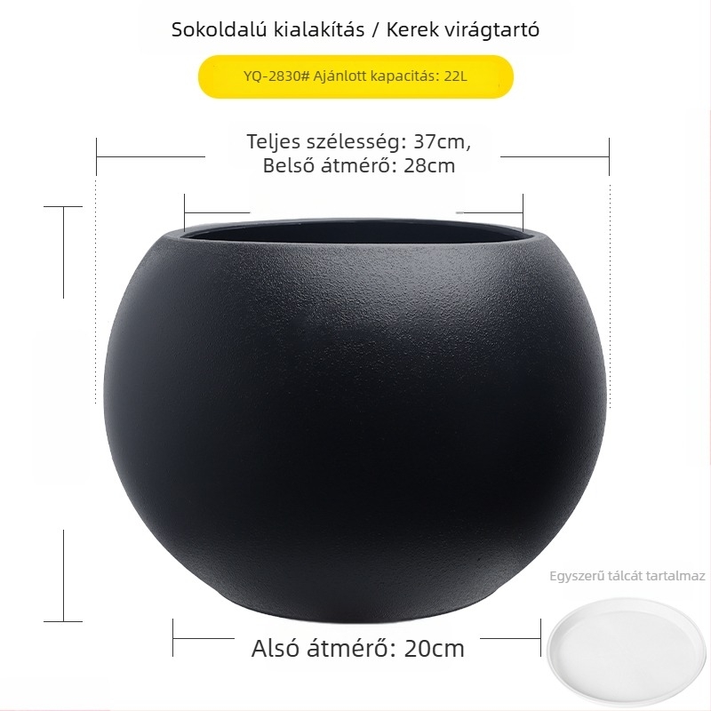 Nagy méretű gömb alakú műgyanta virágcserép nappaliba, minimalistikus luxus stílusú, fekete gyémánt effektus