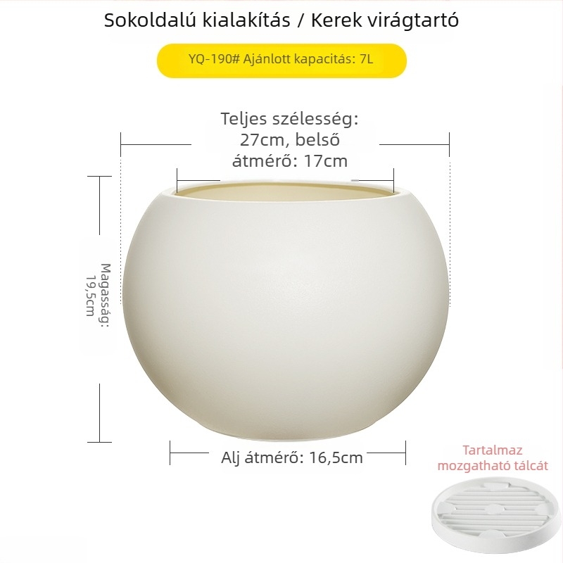 Nagy méretű gömb alakú műgyanta virágcserép nappaliba, minimalistikus luxus stílusú, fekete gyémánt effektus